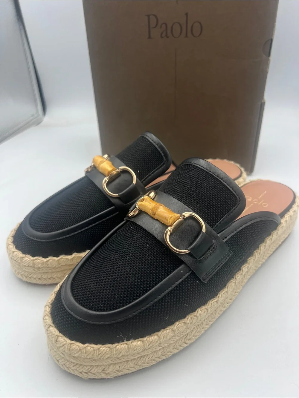Linea Paolo Shiloh Bamboo Espadrille Mules Black w/Nappa Leather Trim Size 9 NWB